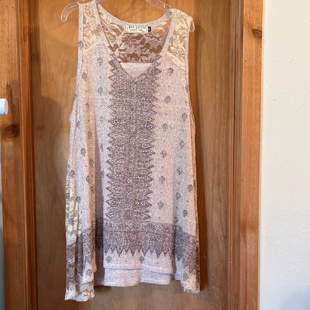 Lace-Trimmed Beige and Brown Tunic